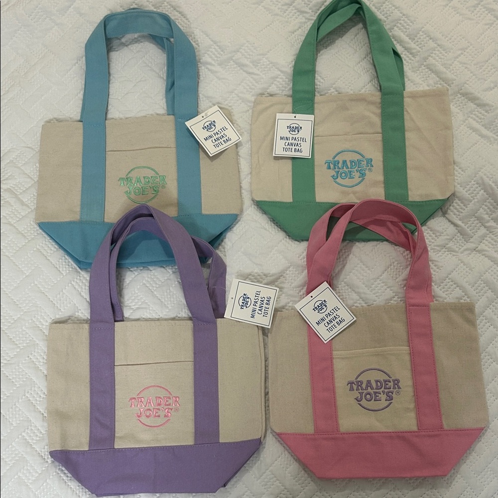 Trader Joe’s Mini Canvas Tote four Bag Set - Blue, Green, Pink, Purple